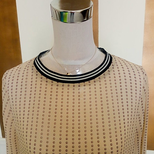 Semi Sheer Blouse M Beige and Black like new, polka dot with striped trim