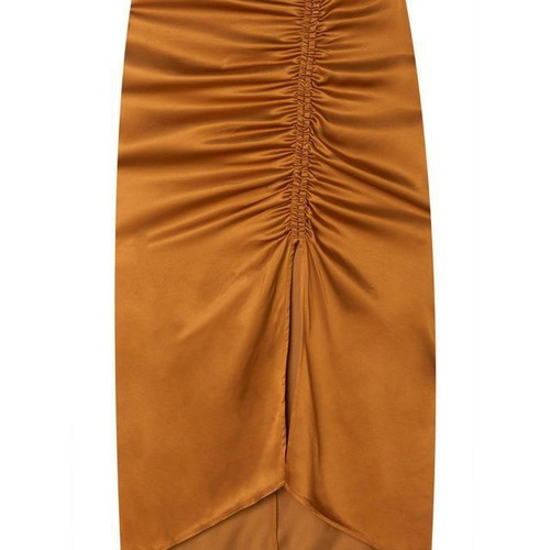 Satin midi skirt Stradivarius with ruching and slit, new, gold, size M