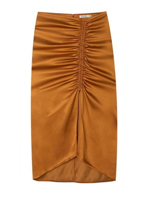 Satin midi skirt Stradivarius with ruching and slit, new, gold, size M