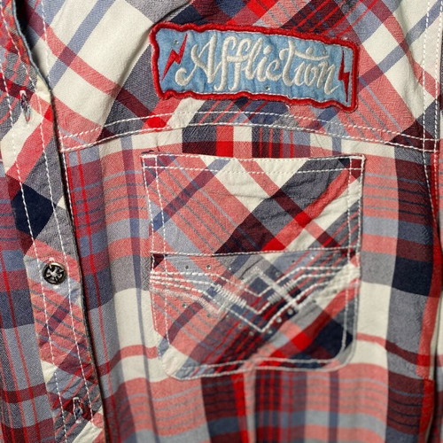 Affliction flannel shirt new, tricolor with unique back design, size M