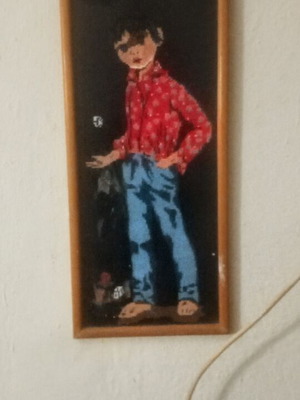 Vintage embroidered framed artwork with child figure, new