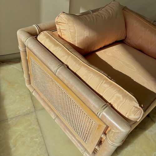Vintage Bamboo sofa set like new, 3-seater couch with 2 armchairs and 2 tables