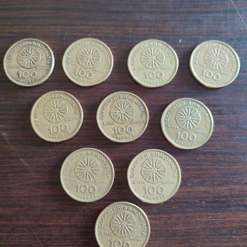 100 drachma coins used, pack of 10, 1990