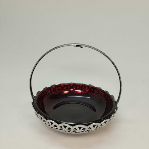 Vintage bowl from England used, red glass with aluminum base 12x12