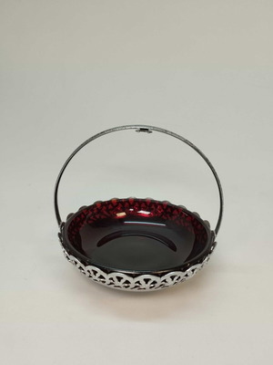 Vintage bowl from England used, red glass with aluminum base 12x12