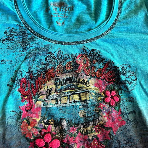 Esprit T-shirt used, turquoise and brown ombre with embroidery and strass, size S