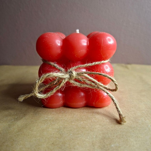 Bubble Cube candle handmade new, vibrant red with rustic detail