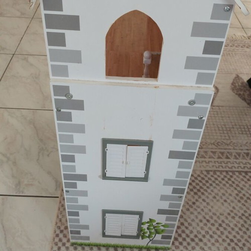 Wooden dollhouse used, 3 levels with stairs and decoration