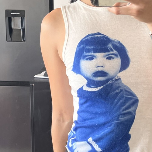 Vintage graphic tank top, white with blue girl print, size S
