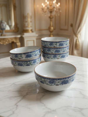 Vintage porcelain bowl set of 6 with blue peonies and gold details