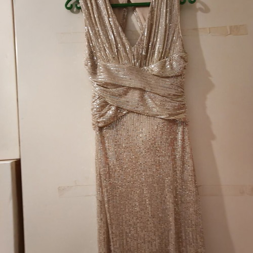 BSB dress with rhinestones and side slit, beige, size 44