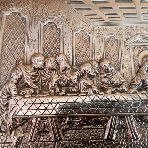 Silver relief Last Supper decoration on wooden base like new