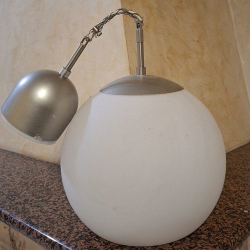 Modern ceiling light with white matte glass sphere and silver metal frame like new