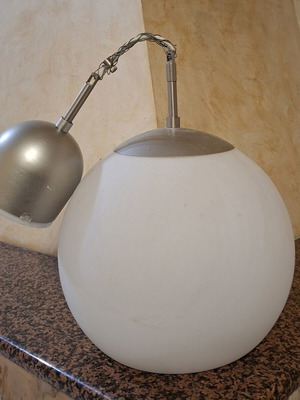 Modern ceiling light with white matte glass sphere and silver metal frame like new
