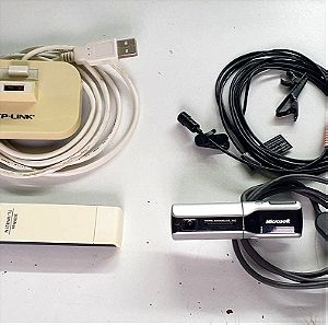 Web camera Microsoft, Ασύρματος USB Αντάπτορας Δικτύου TP-LINK και μικρόφωνο πέτου Speedlink Spes