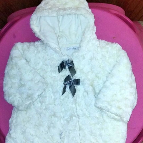 Absorba baby faux fur coat off-white with black bows, like new