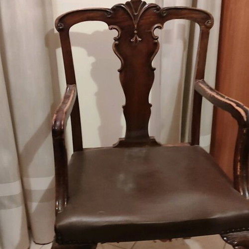 Antique armchair used, wooden with leather seat