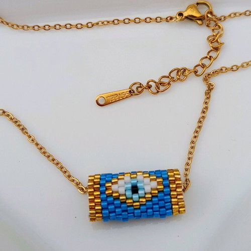 Handmade Miyuki evil eye necklace with gold-plated steel chain