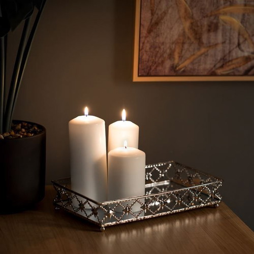 Candle holder rectangular tray with mirror and silver railing