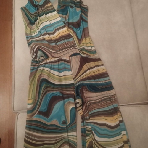 One-piece colorful sleeveless jumpsuit with wrap design, like new