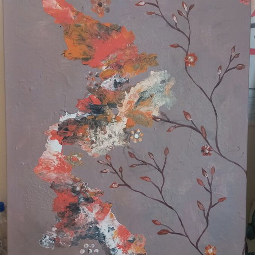 Handmade abstract painting with textured orange and gray tones