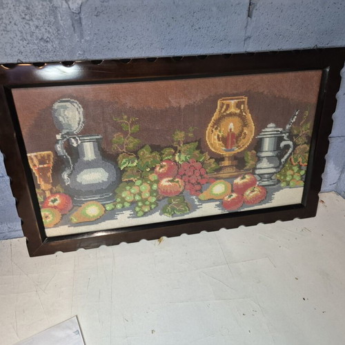 Textile embroidery artwork in frame like new with wooden mount