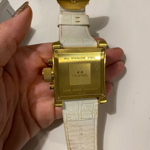 TW Steel White Dial Gold Tone Square Case 42mm Unisex Watch like new with leather strap