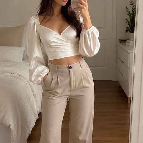 Shein satin cream blouse with back tie