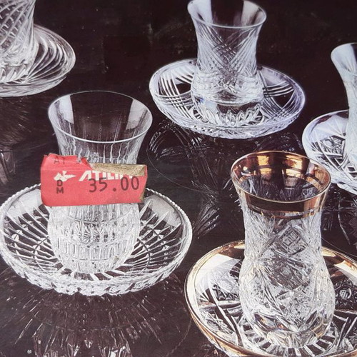 Κρυστάλλινα ποτηράκια και πιατάκια vintage, καινούργια, σετ 4 τεμαχίων