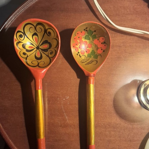 Vintage Russian Khokhloma wooden spoons set of 2