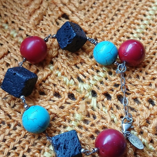 Bracelet with volcanic lava beads, turquoise and red coral, used