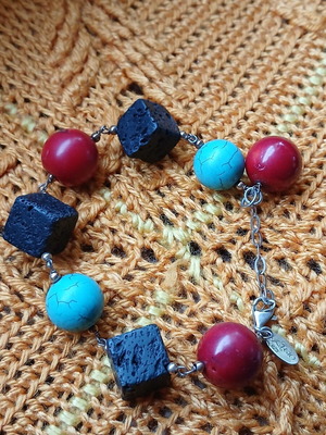 Bracelet with volcanic lava beads, turquoise and red coral, used