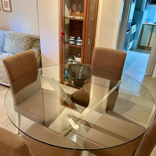 Dining set with Marmaridis glass table and IKEA chairs like new