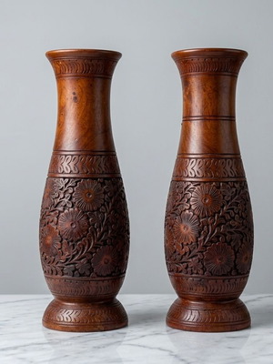 Pair of handmade wood-carved vases 37cm, solid wood