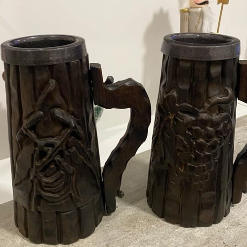 Wooden cups like new, set of 2, hand-carved with metal insert