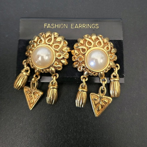 Gold Metal Earrings with Pearls and Clip New