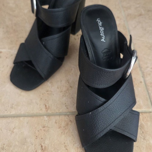 Autograph Black Leather Mules Block Heel Cross Strap Sandals