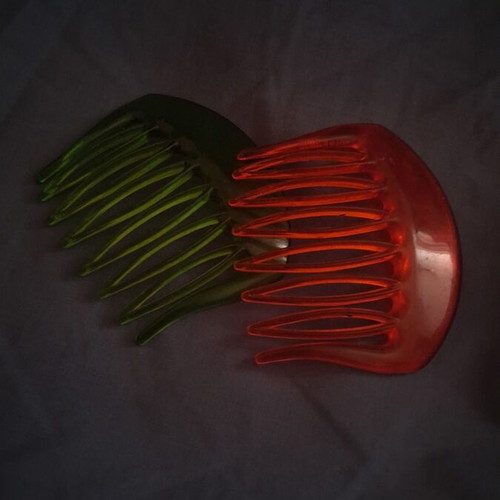 Vintage plastic hair combs set, made in Germany, green and orange