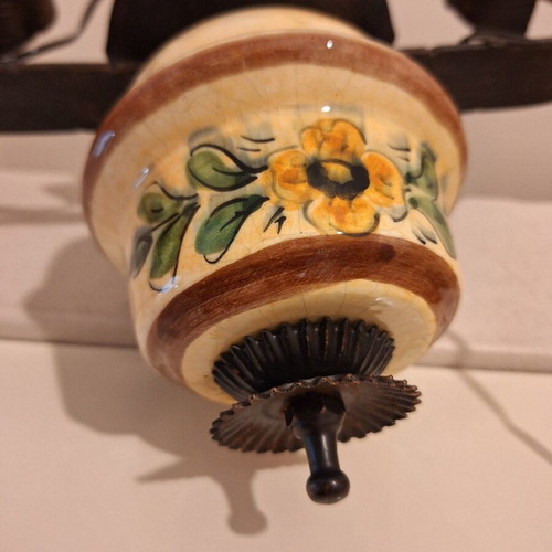 Vintage hanging lamp used, wrought iron and hand-painted ceramic shade