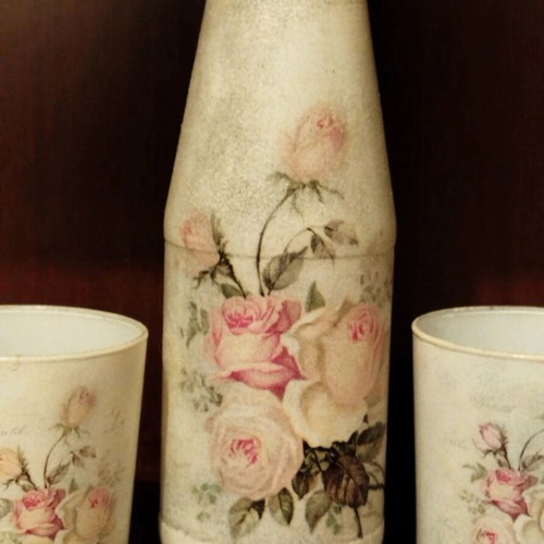 Handmade decorative set with bottle and glasses vintage floral design
