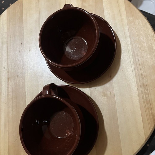 Coffee cups with saucers used, set of 2, brown color