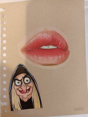 Handmade drawings lips and evil Queen, like new, set of 2