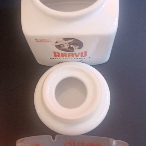 Vintage Bravo coffee set porcelain jar 12.5cm and glass ashtray mint condition