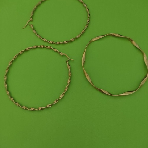 Stainless steel jewelry set used, gold color, includes bangle and hoop earrings