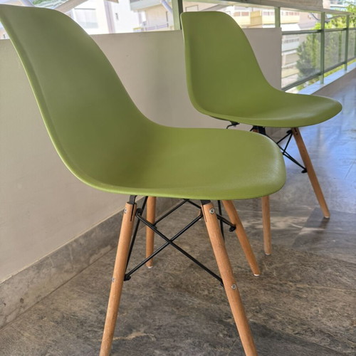 Kitchen chairs, green with wooden legs, set of 2