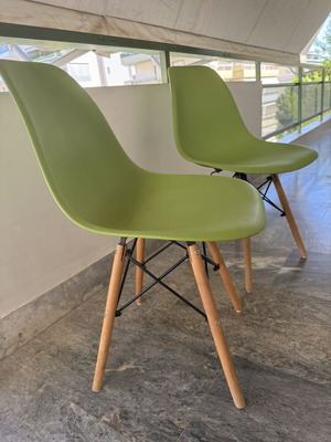 Kitchen chairs, green with wooden legs, set of 2