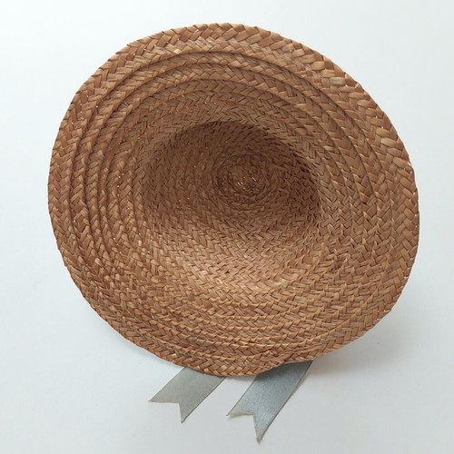 Straw hat for dolls used, miniature with gray satin ribbon