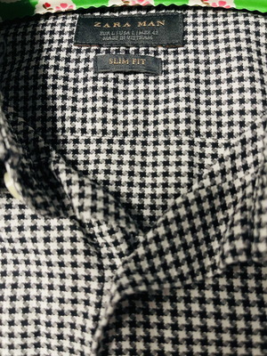 Zara Man ανδρικό μακρυμάνικο slim fit καρό πουκάμισο, ασπρόμαυρο, large