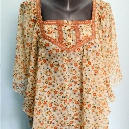 Sheer tunic with batwing sleeve restored, floral print