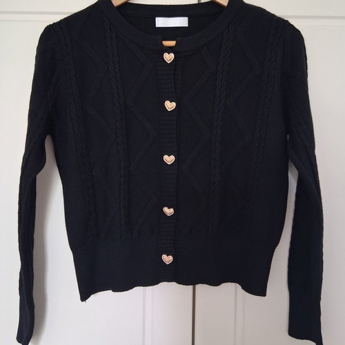Viscose cardigan with knit patterns and heart-shaped rhinestone buttons, new